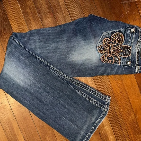 Miss Me Medium Blue Boot-Cut Jeans with Embellished Fleur-de-Lis Pockets - Picture 2 of 5